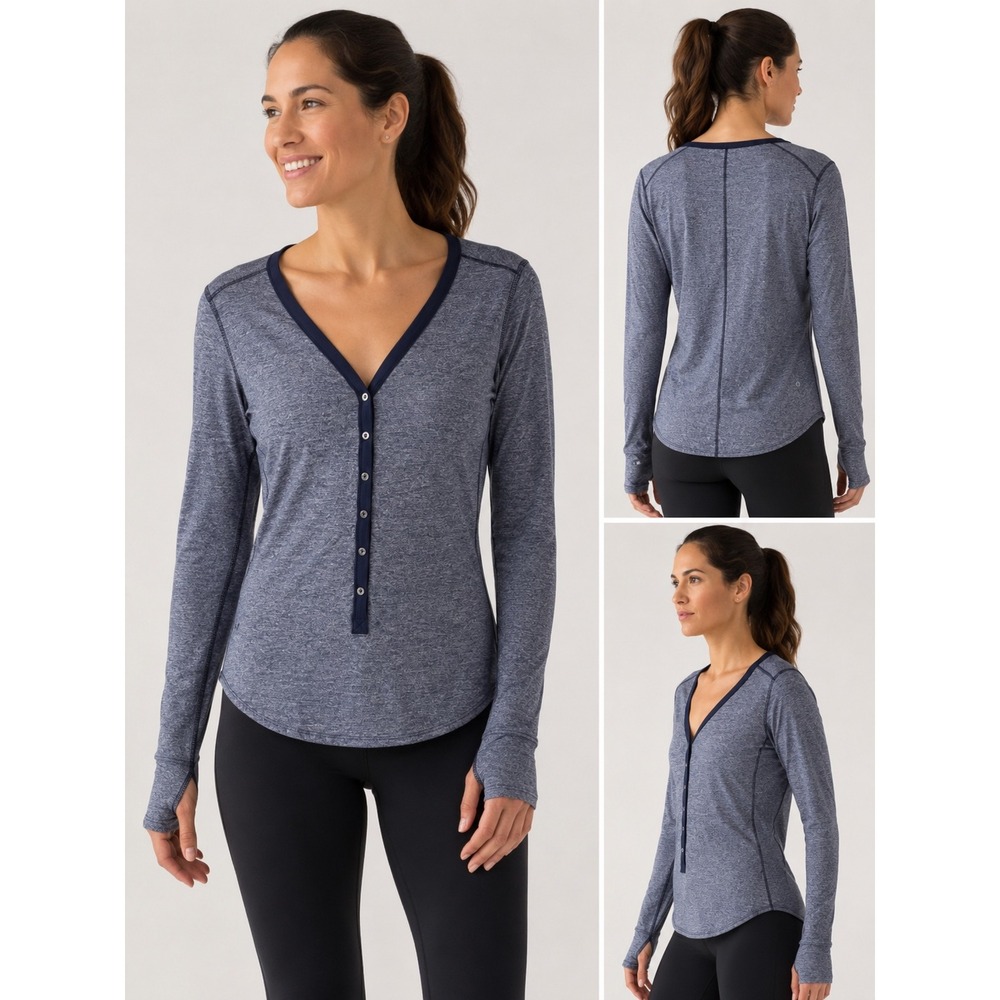 Lululemon‎ Long Sleeve Henley Top Blue Space Dye V-Neck Thumbholes Activewear 10
